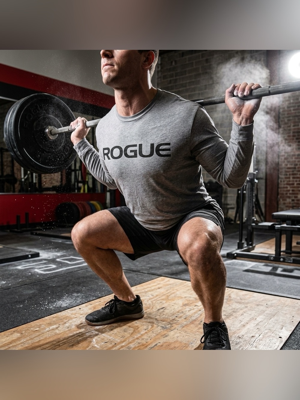 Rogue Fitness Heather Gray Long Sleeve Graphic Logo Training Tee Shirt L
